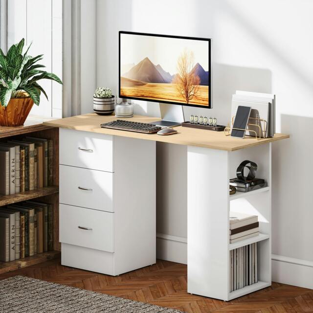Rackhams 120cm Computer Desk, Study Table with 3 Shelf & Drawers, Grey - Natural Wood Finish - image 1