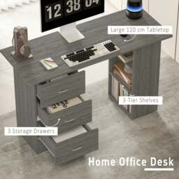 Rackhams 120cm Computer Desk, Study Table with 3 Shelf & Drawers, Grey - Natural Wood Finish - thumbnail 4