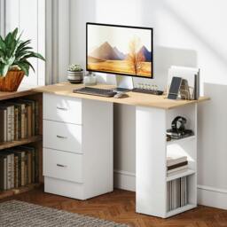 Rackhams 120cm Computer Desk, Study Table with 3 Shelf & Drawers, Grey - Natural Wood Finish