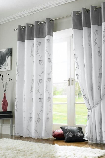 "Rackhams Tahiti Floral Fully Lined Eyelet Curtains - Silver - 56 x 72"""
