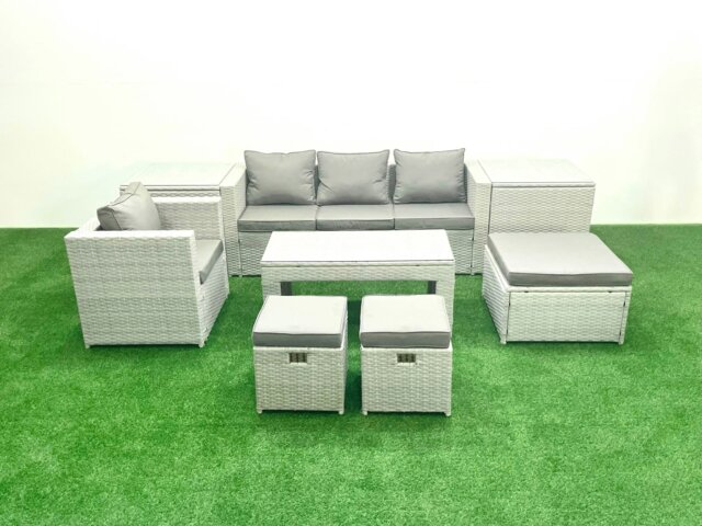 Rackhams Rattan Garden Furniture Set Outdoor Lounger Sofa with Coffee Table 3 Footstools 2 Side Tables Light Grey Mixed 7 Seater - image 1