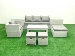 Rackhams Rattan Garden Furniture Set Outdoor Lounger Sofa with Coffee Table 3 Footstools 2 Side Tables Light Grey Mixed 7 Seater - thumbnail 2