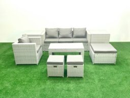 Rackhams Rattan Garden Furniture Set Outdoor Lounger Sofa with Coffee Table 3 Footstools 2 Side Tables Light Grey Mixed 7 Seater - thumbnail 1