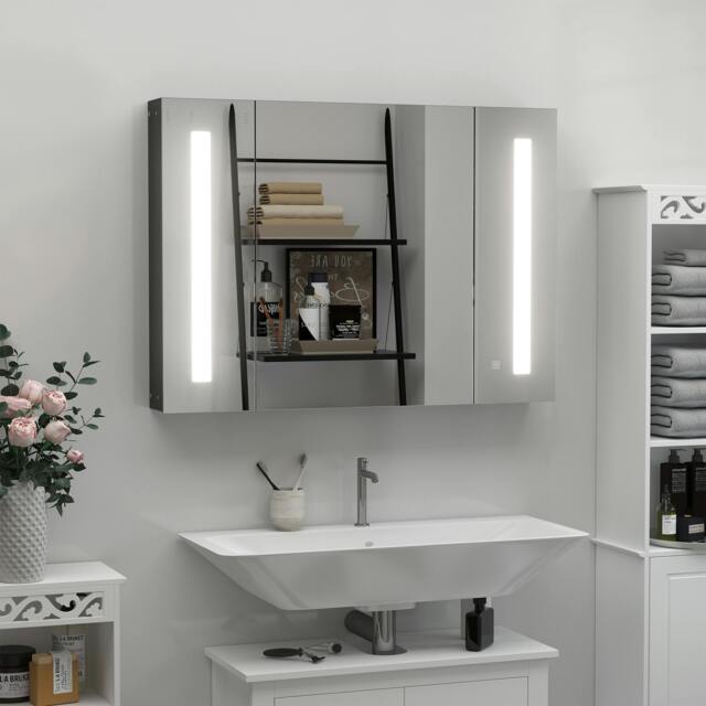 Rackhams LED Bathroom Mirror Cabinet with Shelves Wall Mount High Gloss Black - image 1