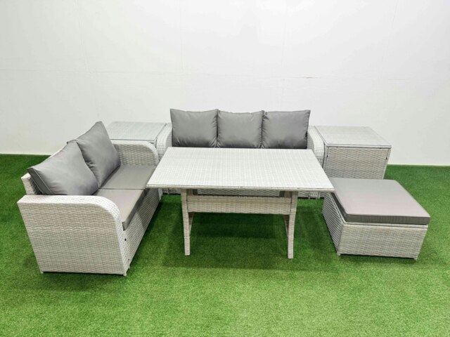 Rackhams 6-Seater PE Rattan Outdoor Sofa Set - Rectangular Dining Table, 3-Seater Sofa, Loveseat, Large Footstool, 2 Side Tables - image 1