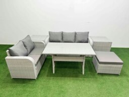 Rackhams 6-Seater PE Rattan Outdoor Sofa Set - Rectangular Dining Table, 3-Seater Sofa, Loveseat, Large Footstool, 2 Side Tables - thumbnail 1