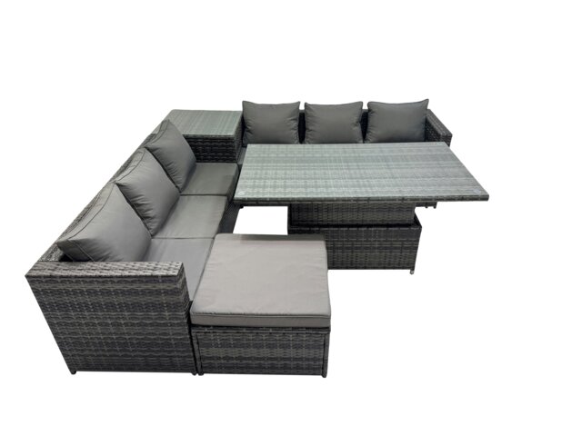 Rackhams 7 Seater Outdoor Corner Sofa Height Adjustable Rising Lifting Table Set Garden Rattan Furniture Set with Big Stool Dark Grey - image 1