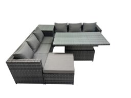 Rackhams 7 Seater Outdoor Corner Sofa Height Adjustable Rising Lifting Table Set Garden Rattan Furniture Set with Big Stool Dark Grey - thumbnail 1