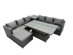 Rackhams 7 Seater Outdoor Corner Sofa Height Adjustable Rising Lifting Table Set Garden Rattan Furniture Set with Big Stool Dark Grey - thumbnail 2