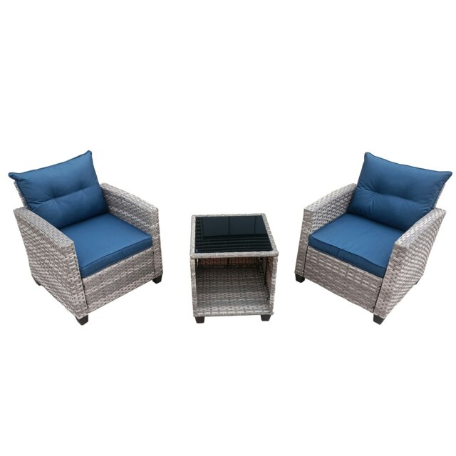 Rackhams Outdoor PE Rattan Bistro 3 Piece Set, Patio Balcony Furniture with Tempered Glass Top Coffee Table Conservatory Set - Gray - image 1