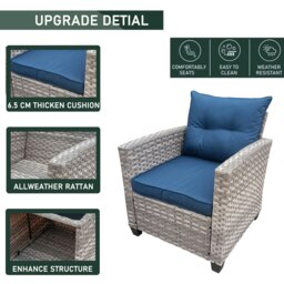 Rackhams Outdoor PE Rattan Bistro 3 Piece Set, Patio Balcony Furniture with Tempered Glass Top Coffee Table Conservatory Set - Gray - thumbnail 3