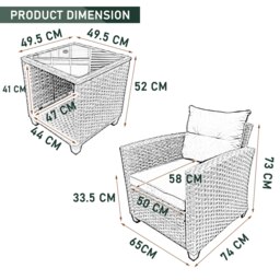 Rackhams Outdoor PE Rattan Bistro 3 Piece Set, Patio Balcony Furniture with Tempered Glass Top Coffee Table Conservatory Set - Gray - thumbnail 5