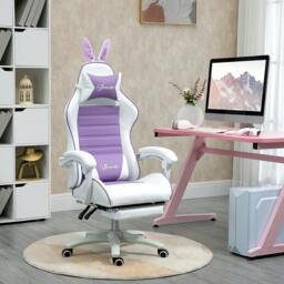 Rackhams Racing Gaming Chair, Reclining PU Leather Computer Chair with Removable Rabbit Ears, Footrest, Headrest and Lumber Support, Purple - thumbnail 2