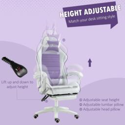 Rackhams Racing Gaming Chair, Reclining PU Leather Computer Chair with Removable Rabbit Ears, Footrest, Headrest and Lumber Support, Purple - thumbnail 5