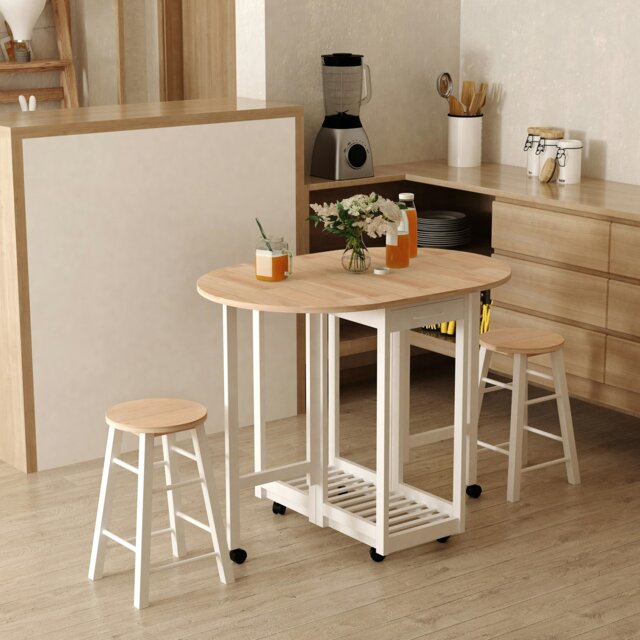 Rackhams 3pc Wooden Kitchen Cart Trollet Table Folding Stools Space-saving - White - image 1