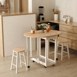 Rackhams 3pc Wooden Kitchen Cart Trollet Table Folding Stools Space-saving - White - thumbnail 1