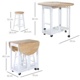 Rackhams 3pc Wooden Kitchen Cart Trollet Table Folding Stools Space-saving - White - thumbnail 5