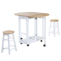 Rackhams 3pc Wooden Kitchen Cart Trollet Table Folding Stools Space-saving - White - thumbnail 2