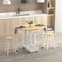 Rackhams 3pc Wooden Kitchen Cart Trollet Table Folding Stools Space-saving - White - thumbnail 3