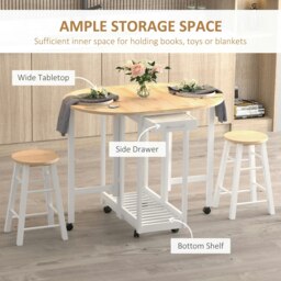 Rackhams 3pc Wooden Kitchen Cart Trollet Table Folding Stools Space-saving - White - thumbnail 4