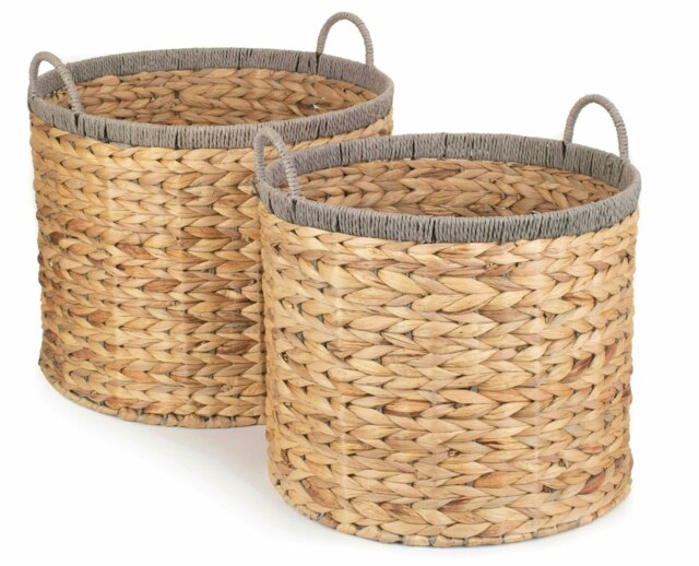 Rackhams Round Water Hyacinth Storage Basket With Grey Rope Border - Set of 2 - image 1