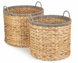 Rackhams Round Water Hyacinth Storage Basket With Grey Rope Border - Set of 2