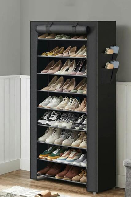 Rackhams 10 Tier Simple Dustproof Multi-Layer Fabric Storage Artifacts Shoe Rack w/ Door - Black - One Size - image 1