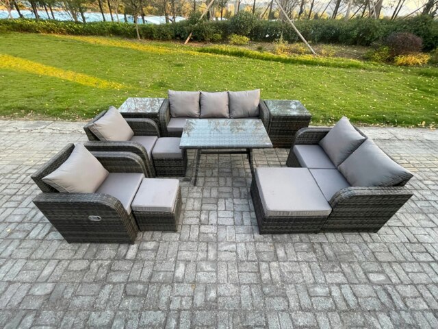 Rackhams Outdoor Rattan Garden Furniture Set 10 Seater Patio Lounge Sofa Set with Dining Table 3 Footstools 2 Side Tables Dark Grey Mixed - image 1