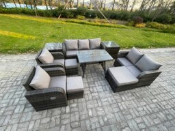 Rackhams Outdoor Rattan Garden Furniture Set 10 Seater Patio Lounge Sofa Set with Dining Table 3 Footstools 2 Side Tables Dark Grey Mixed - thumbnail 2
