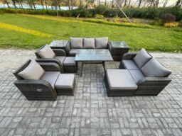Rackhams Outdoor Rattan Garden Furniture Set 10 Seater Patio Lounge Sofa Set with Dining Table 3 Footstools 2 Side Tables Dark Grey Mixed - thumbnail 1