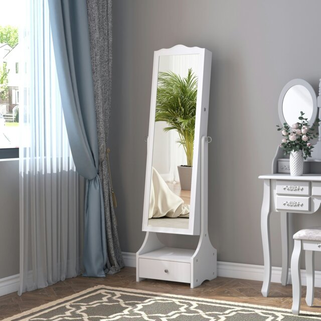 Rackhams Mirrored Jewelry Cabinet Armoire Floor Standing w/ Lock, LED Light White - image 1