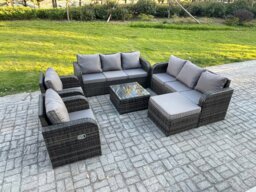 Rackhams High Back Rattan Garden Furniture Set with Square Coffee Table Big Footstool Indoor Outdoor Patio Lounge Sofa Set Dark Grey Mixed - thumbnail 1