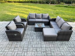 Rackhams High Back Rattan Garden Furniture Set with Square Coffee Table Big Footstool Indoor Outdoor Patio Lounge Sofa Set Dark Grey Mixed - thumbnail 2