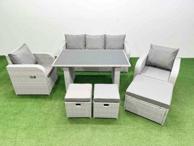 Rackhams Outdoor Rattan Garden Furniture Dining Set 8 seater Patio Rectangular Table 3 Seater Sofa Reclining Chair Set with 3 Stools - image 1