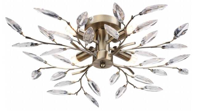 Rackhams Modern Birch 4 Light Semi Flush Antique Brass Ceiling Light with Clear Leaves