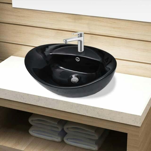 Rackhams Ceramic Bathroom Sink Basin Faucet/Overflow Hole Black Oval
