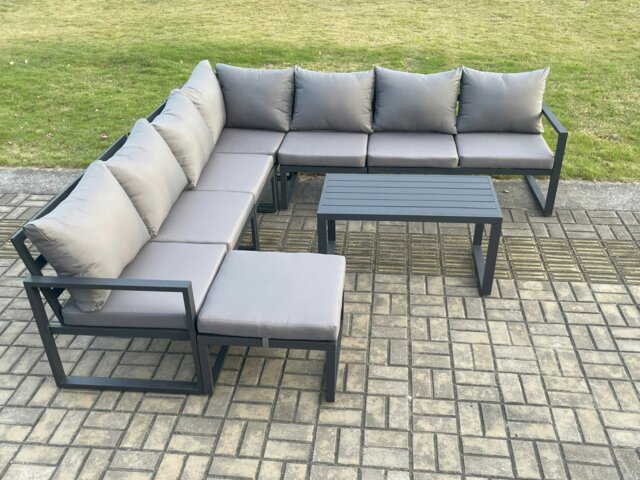Rackhams Aluminium Patio Outdoor Garden Furniture Lounge Corner Sofa Set with Oblong Coffee Table Big Footstool Dark Grey