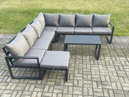 Rackhams Aluminium Patio Outdoor Garden Furniture Lounge Corner Sofa Set with Oblong Coffee Table Big Footstool Dark Grey - thumbnail 1