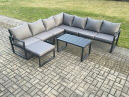 Rackhams Aluminium Patio Outdoor Garden Furniture Lounge Corner Sofa Set with Oblong Coffee Table Big Footstool Dark Grey - thumbnail 2