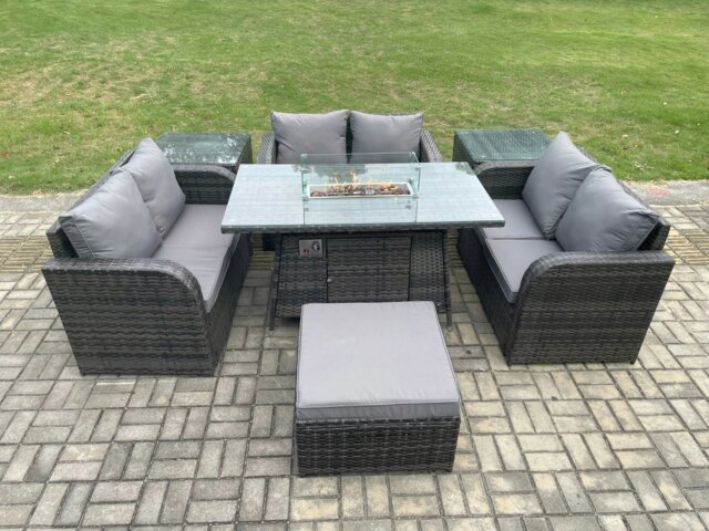 Rackhams Rattan Outdoor Garden Furniture Sofa Set Gas Fire Pit Dining Table Gas Heater with 2 Side Tables Love Sofa Big Footstool Dark Grey Mixed - image 1