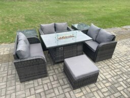Rackhams Rattan Outdoor Garden Furniture Sofa Set Gas Fire Pit Dining Table Gas Heater with 2 Side Tables Love Sofa Big Footstool Dark Grey Mixed - thumbnail 2
