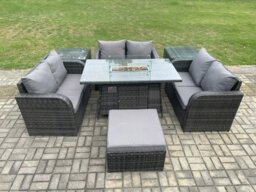 Rackhams Rattan Outdoor Garden Furniture Sofa Set Gas Fire Pit Dining Table Gas Heater with 2 Side Tables Love Sofa Big Footstool Dark Grey Mixed - thumbnail 1