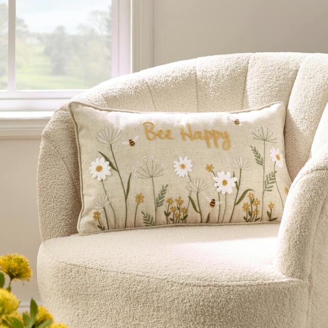 Rackhams Bee Happy Embroidered Cushion Natural - 30 x 50 cm - Natural - image 1