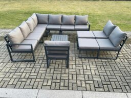 Rackhams 12 Seater Outdoor Aluminium Garden Furniture Set Corner Lounge Sofa Set with Square Coffee Table 2 Big Footstools Dark Grey - thumbnail 2