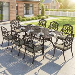 Rackhams 9 Piece Cast Aluminium Garden Dining Set with Cushions, Bronze Tone - Not applicable - Cast Aluminium, Polyester - Bronze Tone - thumbnail 2