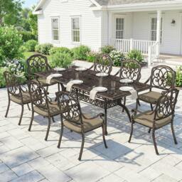 Rackhams 9 Piece Cast Aluminium Garden Dining Set with Cushions, Bronze Tone - Not applicable - Cast Aluminium, Polyester - Bronze Tone