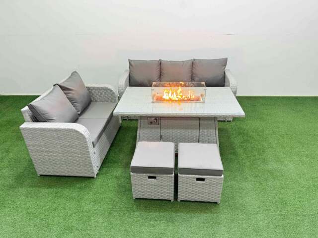 Rackhams 7 Seater PE Rattan Wicker Garden Furniture Patio Conservatory Sofa Set with Fire Pit Dining Table 3 Seater Sofa Love Sofa 2 Stools - image 1