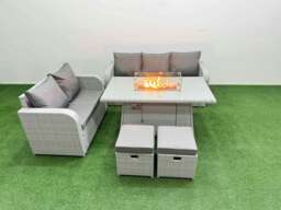 Rackhams 7 Seater PE Rattan Wicker Garden Furniture Patio Conservatory Sofa Set with Fire Pit Dining Table 3 Seater Sofa Love Sofa 2 Stools - thumbnail 1