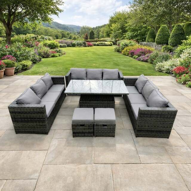 Rackhams 11 Seater Rattan Garden Furniture Set with U Shape Sofa, Adjustable Table & 2 Footstools - Dark Grey - image 1