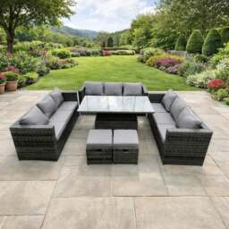 Rackhams 11 Seater Rattan Garden Furniture Set with U Shape Sofa, Adjustable Table & 2 Footstools - Dark Grey - thumbnail 1